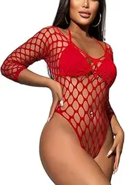 [Tender Whisper] Bodysuit Top for Women Stretch Sexy Long Sleeve Mesh Body Suit One Piece Fishnet Teddy Lingerie