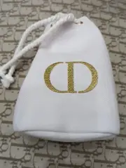 CHRISTIAN DIOR White Twill Drawstring Pouch Makeup Bag CD Logo ~ NEW IN