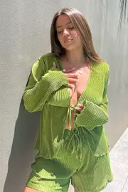 Green Tie Front Long Sleeve Top - Size S, Women's Top