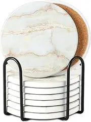InnoGear Coasters for Drinks, 8 Pieces with Holder Absorbent Ceramic Stone Marble Pattern Reusable Coaster with Cork Base for Drinks, Gift Set for Birthday Housewarming Apartment Kitchen Bar Décor