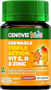 Cenovis Kids Chewable Triple Action Vit C, D & Zinc, 60 Chewable Tablets Orange & Mango Flavour - Supports Healthy Immune System Function To Fight Illness All year Round