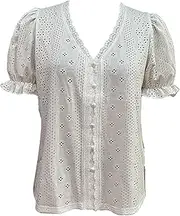 [Zylphorix] Women V Neck Hollowed Button T-Shirt Open Back Short Sleeve Pullover Tee Casual Soild Colour Hollow Out Blouse Top