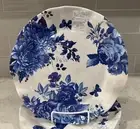 Set 6 Shabby Chic BLUE WHITE FLORAL Melamine 11” Dinner Plates Rose Peony WAVY