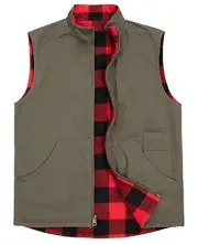 Men's Reversible Casual Vest Flannel Fleece Lined Small Army Green/Red Plaid