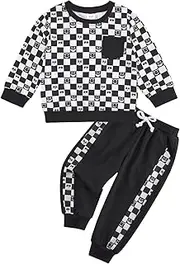 [Naiyafly] Toddler Baby Fall Winter Clothes Boy Girl Long Sleeve Plaid Sweatshirts Pullover Top Elastic Tracksuit with 2 Pockets Kids 2-Piece Casual Outfit 1-5 Years