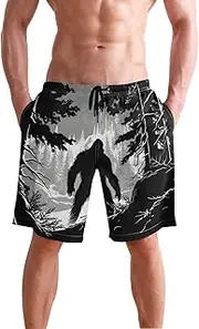 [XYMZR] Men's Swim Trunks Black White Sasquatch Tree Quick-Dry Bathing Suit Swimming Board Shorts S