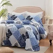 King Size Quilt Set 3 Pieces Lightweight Reversible Bedspread-98''x106'' Soft Patchwork Floral Coverlet Luxurious Warm Microfiber Bed Cover All Seasons Blue Bedding Set(1 Quilt,2 Pillow Shams)