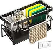 Sink Organiser with Brush Holder, Sponge Holder with Drip Tray, Stainless Steel Kitchen Organiser, Drain Tray Organiser, Self-draining Kitchen Sponge Caddy Organizer for Kitchen Bathroom Sink