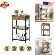 Elegant 3-Tier Bathroom Ladder Shelf with Fabric Drawer & Hooks - Rustic Brown