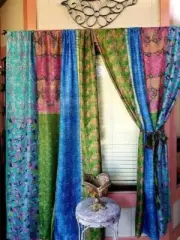 Indian Old Sari Patchwork Curtain Door Drape Window Decor Silk Saree Curtain