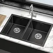 ALFORDSON Kitchen Sink Double Bowls with Waste Strainers & Drainboard, 770 x 450x 205mm, 304 Stainless Steel Water Basin Sinks with 3mm Thick Edge & Nano Coating in Black