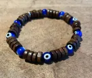 Mens Gemstone Healing Surfers Bracelet Wood,Glass Evil Eye, 8mm Beads