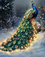 8x10 Matte Print Peacock with Garland of Lights Home Decor Art