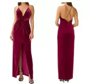 NWT Aidan Mattox V neck twist front gown magenta velvet open back plunge 0 XS