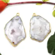White Clouds Agate Slice Window Geode Druzy Gold Electroplated Connectors