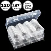 2 Unit 120 Pk 1.57 IN 40 mm Coin Capsule Holders w/ Case Fit 1 Oz Silver Bullion