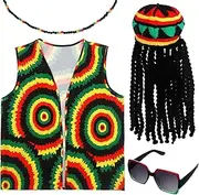 Cindeer 4 Pcs Halloween Jamaican Costume Accessories Rasta Hat with Black Dreadlocks Wig Jamaican Vests Sunglasses Necklace