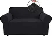 Stretch Couch Cover Sofa Cover 1-Piece Furniture Protector Cover Luxury High Spandex Small Checks Knitted Jacquard Fabric Sofa Slipcover for Living Room (2 Seater, Black)