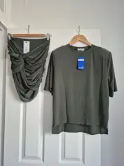 BNWT KHAKI GREEN SOFT JERSEY TOP + SKIRT SET BY JOHN ZACK LONDON SIZE M/L