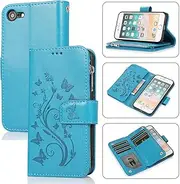 UEEBAI Wallet Case for iPhone SE 2020 iPhone 7 iPhone 8, Premium PU Leather Magnetic Closure Flower Pattern Handbag Zipper Pocket Case Kickstand Card Holder Slots Shockproof Flip Cover - Blue