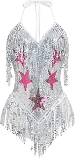 [ODIZLI] Women's Sexy V Neck Glitter Sequins Stars Fringe Bodysuit Concert Rave Party Festival Outfit
