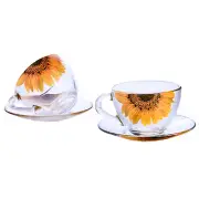 STPGOODS Sunflowers Glass Teacup with Saucer Set Of 2 [200 ml ea] Tea Cup Set
