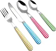 EXZACT Cutlery Set 24pcs Stainless Steel with Gingham Check Coloured Handles - 6 x Forks, 6 x Dinner Knives, 6 x Table Spoons, 6 x Tea Spoons (Mixed Color x 24 pcs)