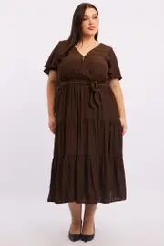Brown Midi Dress Short Sleeve Self Check