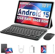 10 inch Android 15 Tablet, 12GB RAM 64GB ROM 2TB Expand, 2in 1 Tablets with Keyboard, Case, Mouse, Stylus,1280x800 IPSTouch Screen, Octa-Core Processor, WiFi, BT5.0. Dual Camera (Gray)