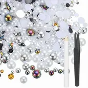 uxcell 100g Flatback Rhinestones, 3mm-10mm Mixed Rhinestones and Half Pearls with Pick Up Pen and Tweezer for Nail Art Crafts, Phone Case, Clothes DIY (Colorful Silver)