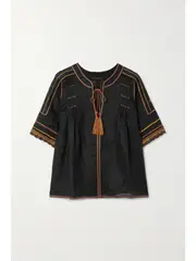 [VITA KIN] VITA KIN - Salma Embroidered Linen Blouse - Black - small small Black
