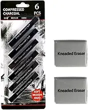 Compressed Charcoal Sticks 6 PCS, Kneaded Rubber Erasers Large Size 2 Pack, Square Vine Charcoal Rod Set of 8 for Back to School DIY Drawing Crafts, Sketching, Shading, Beginners and Artists