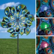 5 Ft Solar Lighted Crackled Glass Ball Peacock Double Sided Garden Wind Spinner