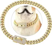 Dopetie Gold Dog Chain Collar Metal Chain Collar with Shining Zircon Buckle 316L Cuban Link Heavy Duty Slip Collar for Medium Dogs American Pitbull
