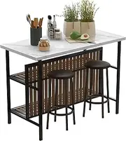 MIERES 3 Pieces Bar Table Set, Kitchen Island Set with 2 Stools, Dining Table Set, Kitchen Island with Seating and Open Shelves Pub Table and Chairs Set for Small Space, Dining Room, White