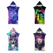 Unisex Hooded Beach Towel Poncho Changing Robe Lion Wolf Design
