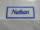 NATHAN NEW EMBROIDERED SEW / IRON ON NAME PATCH BLUE ON WHITE