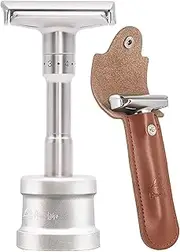 Safety Shaving Razor Set, River Lake RZ700 Long Handle Stainless Adjustable Double Edge Classic Safety Shaver Razor (1 Razor, 1 Stand, 1 Leather Protective Sleeve & 10pcs DORCO blades)