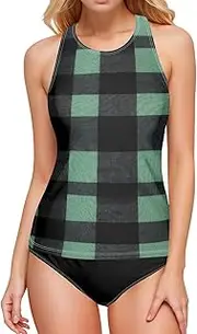 [AIXIWAWA] Black and Green Plaid Women's Tankini Tops, Swimsuit Top for Beach Pool Vacation S