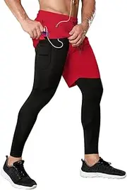 [Hotfiary] Men's Compression Pants with Shorts 2 in 1 Running Gym Workout Shorts Leggings Compressions Tights with Pocket