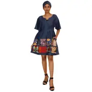 African Women's Denim Short Sleeve Patchwork Dress - FI-2072