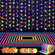 127Ft Neon Party Set, UV Blacklight Tape & Hanging Glow Decorations, 6 Colors