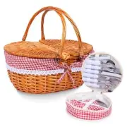 Wicker Picnic Basket Set for 4 with Lid and 4-person cutlery bag Red-white Grid