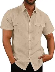 [Akklian] Mens Casual Linen Shirts Short Sleeve Button Down Tees Spread Collar Plain Tshirts Blouses Summer Vacation Beach Tops