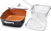 Gotham Steel 1492 XL 11" Copper Deep Square All in One 6 Qt Casserole Chef’s Pan- 4 Piece Set, Brown