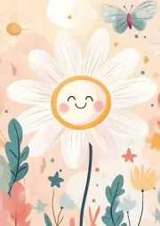 Happy Daisy Flower with Butterfly Nursery Kids Room Wall Art Print 8.5"x11"
