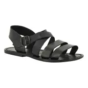 Italian flat ankle strap open men's sandals shoes handmade in black soft leather