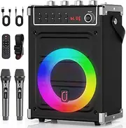 JYX Karaoke Machine with 2 Wireless Microphones, Portable Bass/Treble Bluetooth Speaker with LED Light, Support TWS, AUX in, FM, REC PA System with Remote Control, Supply for Party/Adults/Kids