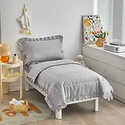4 Pieces Gray Toddler Bedding Set with Ruffle Fringe, Solid Color Toddler Bed Set - 1 Toddler Comforter + 1 Fitted Sheet +1 Flat Sheet +1 Pillowcase for Baby Boys and Girls