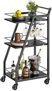 Bar Cart, Bar Carts for The Home, Small Bar Cart on Wheels, Beverage Cart, Home Bar Serving Cart with Glass Holder, Drink Cart for Bar, Kitchen, Dining, Marble Black and Black BC03BM
